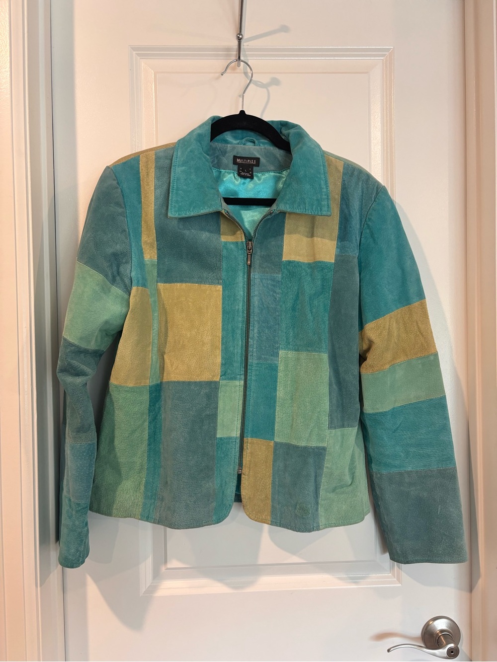 Multiples Patchwork Suede Zip Jacket in Teal & Mustard